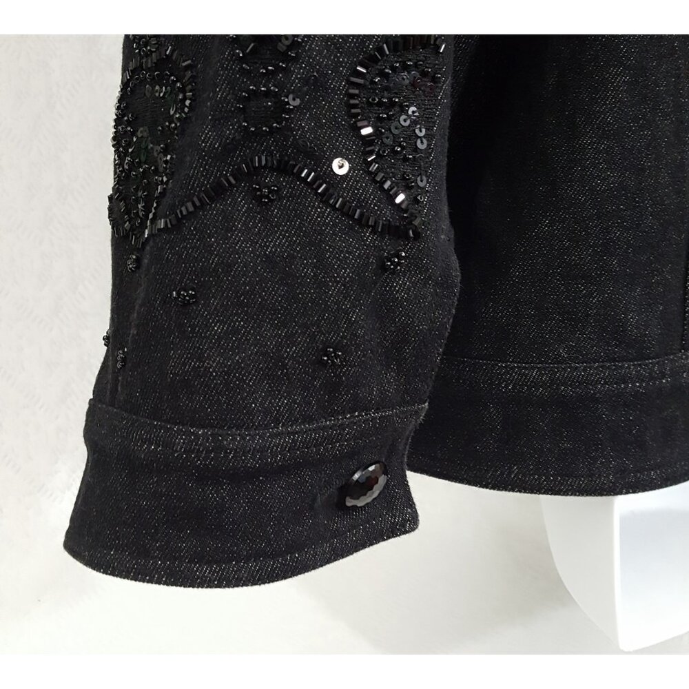 Dennis Basso Coat Denim Jean Jacket Blazer Women Large Black Beaded Sequin Bling - Picture 6 of 8